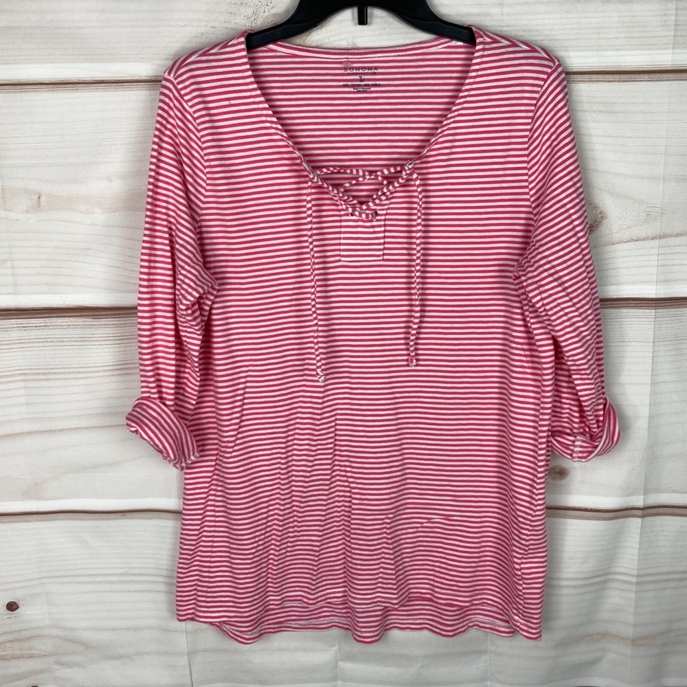 Sonoma Top Womens L Pink White Striped T-Shirt Lace Up Knit Tab Sleeve V-Neck